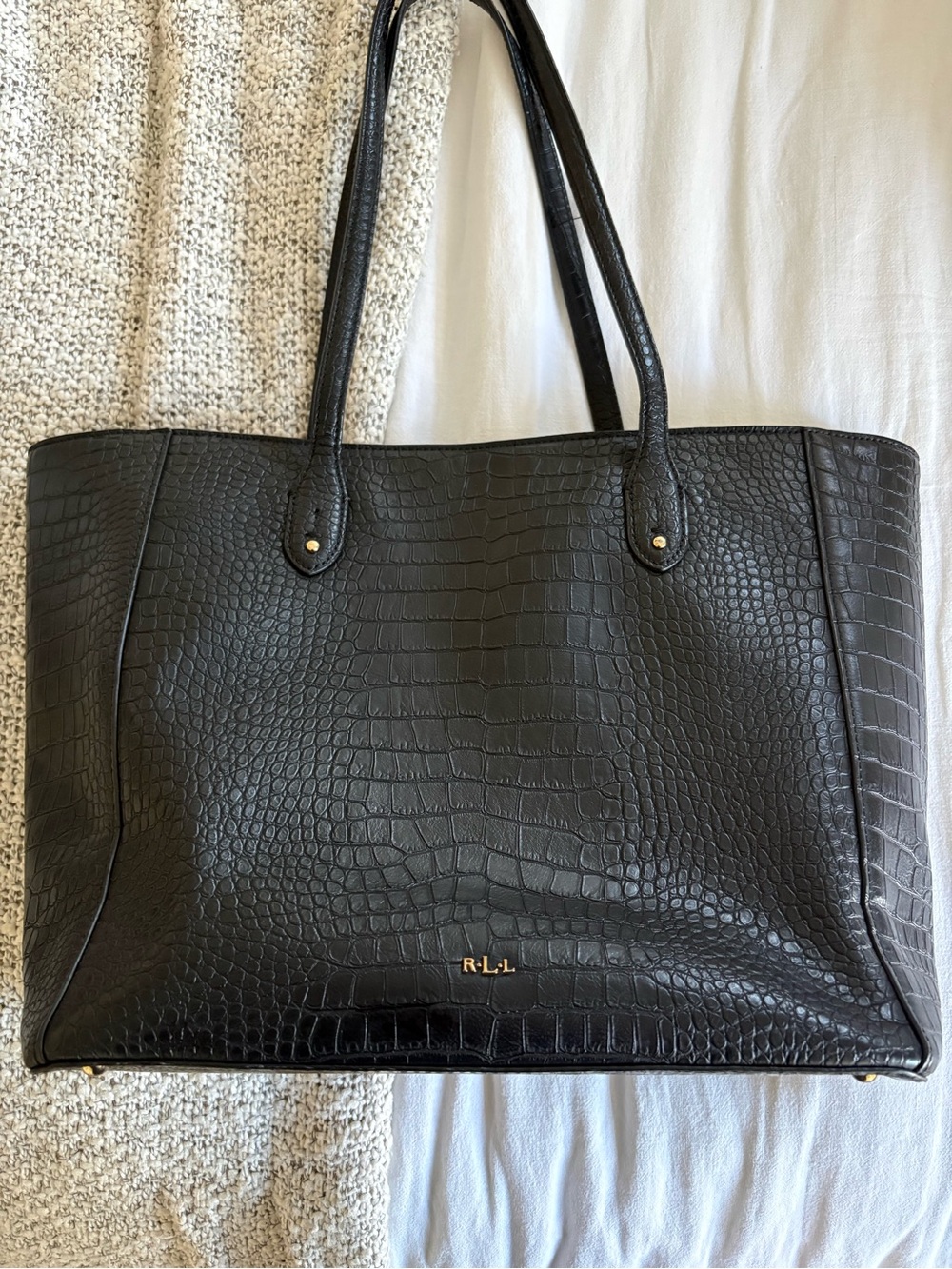 Lauren Ralph Lauren Black Croc-Embossed Tote with Gold Logo